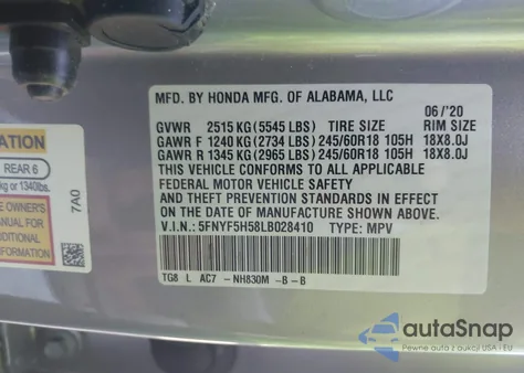 2020 Honda Pilot 2Wd Ex-L из США, поврежденный, VIN 5FNYF5H58LB028410